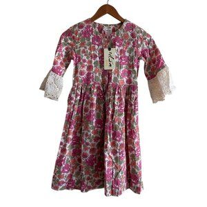 Utsa Kids Floral Button Front Dress 9/10 Eyelet Bell Sleeve Boho Cottage Easter